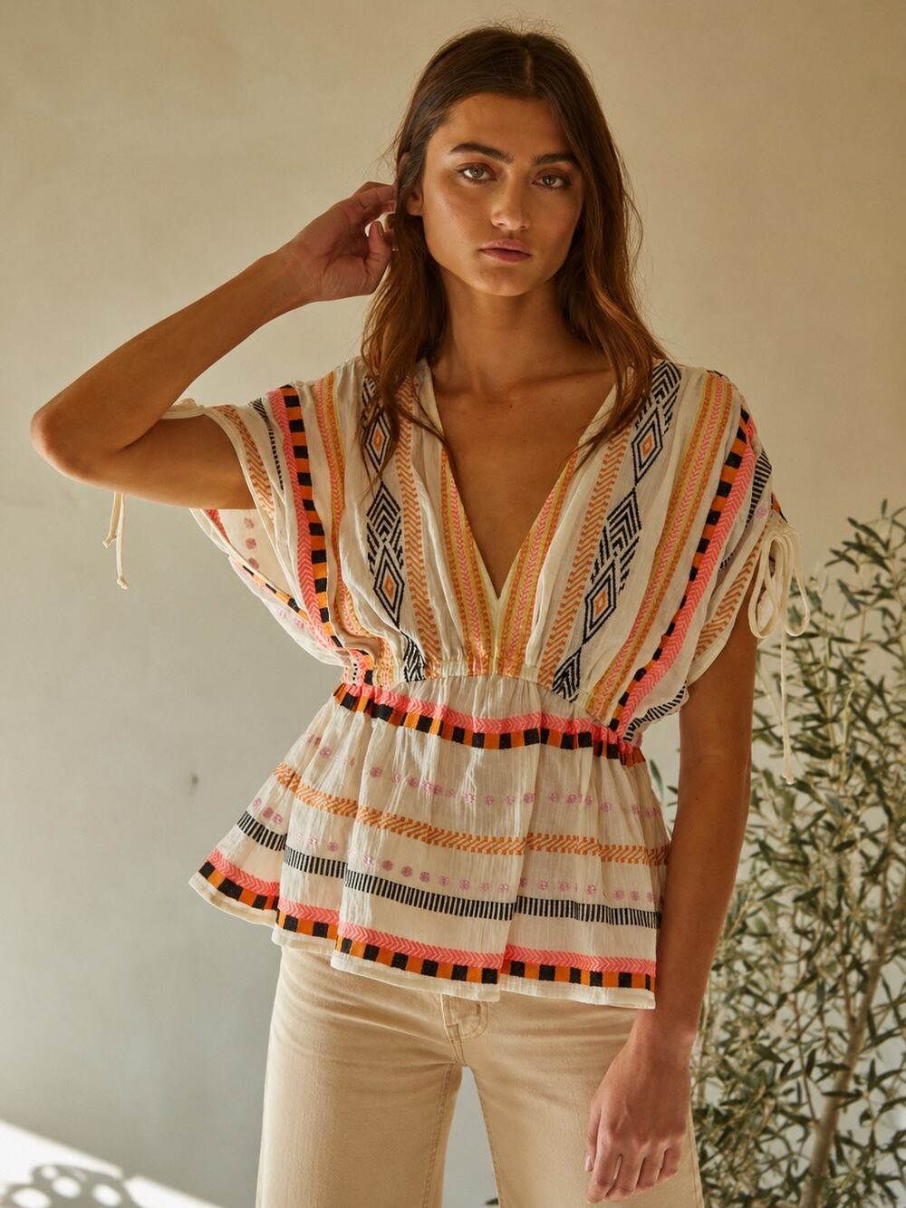 By Together Estella Top M Embroidered Cotton Gauze Boho Peasant Blouse